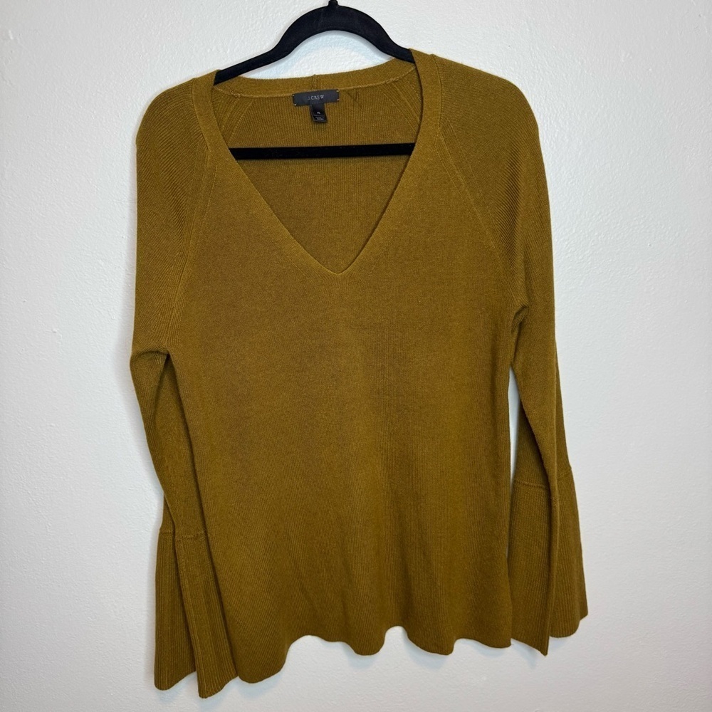 J. Crew Wool Mustard Knit Top Peplum Flare Sleeve Lightweight Knit Sweater H2554
